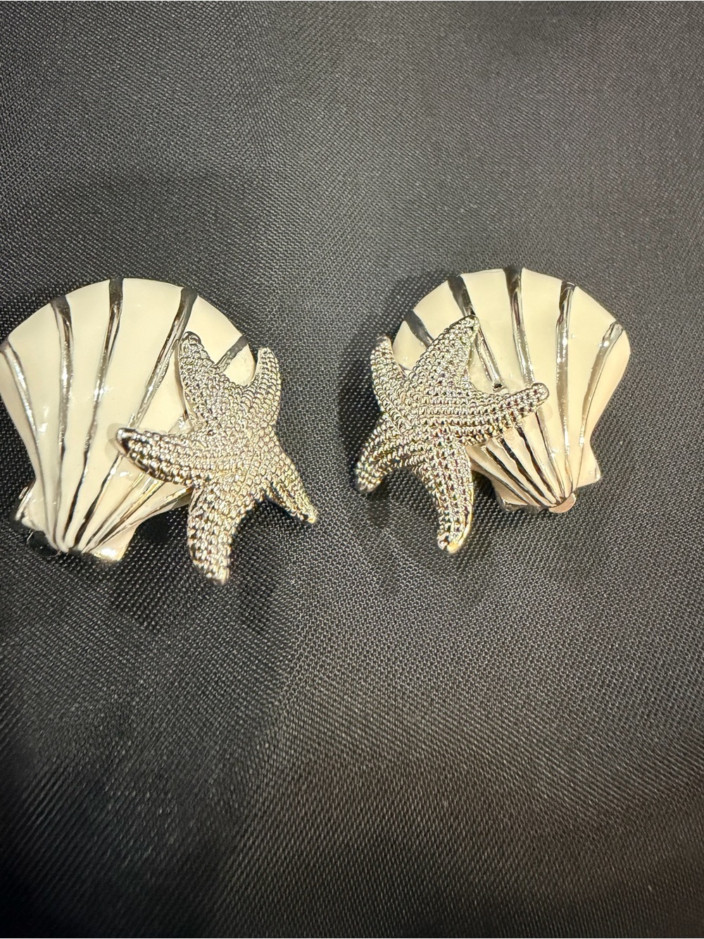 Sterling Silver Starfish and Cream Enamel Shell Clip-On Earrings